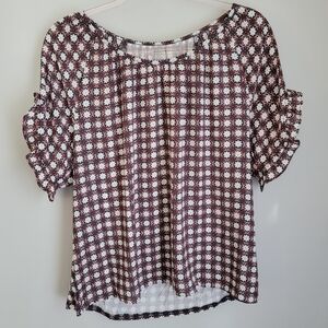 Loft NWT Ruffle Sleeve Short Sleeve Geometric Pattern Blouse Women's Size Large